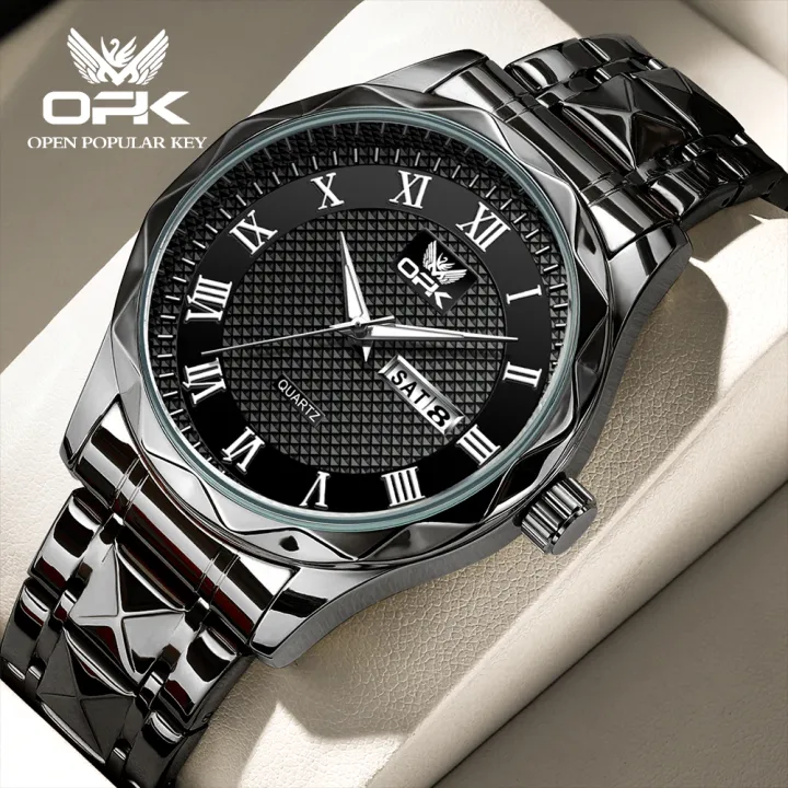 นาฬิกาลำลอง นาฬิกากันน้ำผู้ชาย OPK 2023ของแท้นำเข้าดีไซน์นาฬิกาเลขโรมันทันสมัยนาฬิการัดโลหะสแตนเลสสองปฏิทินสำหรับผู้ชาย