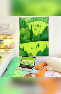 Cream-toned living room decorative painting ins Fresh green landscape decorative wall hanging for bedroom apartment or dormitory background fabric