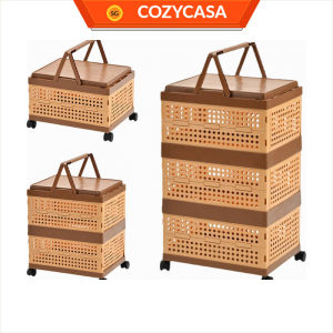 【COZYCASA】Minimalist Movable Folding Storage Box with Wheels Rattan Woven Pattern Basket