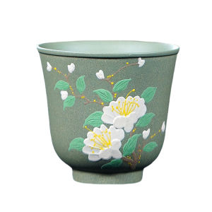 壶芝宴宜兴紫砂主人杯茶杯手工堆绘白牡丹紫砂杯品茗杯功夫茶具