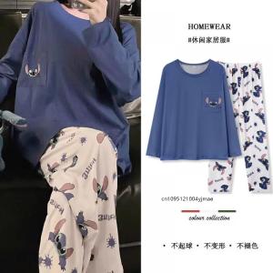 2Pcs Disney Anime Stitch Cartoon Round Neck Pullover Pajamas Womens Long Model Can Be Worn Outside Loose Comfortable Loungewear