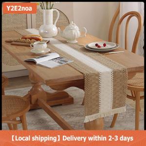 【Local shipping】 Simple And Light Luxury Table Runner Cotton Jute Splicing Bohemian Style Table Runners With Tassels Dining Home Table Decoration