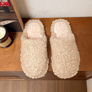 Free Shipping WomenS Outdoor Slippers New Winter Korean Style Flat-Soled Mules Fleece-Lined Closed-Toe Half Slippers