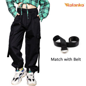 Rolanko Jogger Cargo Pants for Kids Girls Casual Trousers Children Loose Street Hip Hop Dance Bottoms Costume Black 4-14 Years