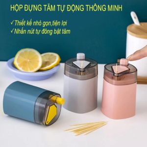Hũ đựng tăm bằng nhựa lúa mạch có nút bấm tự động