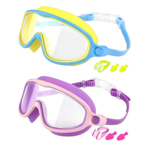 2Pcs Kid Swim Goggles Wide View Frogs Resistant Swimming Glasses With Earplugs And Nose Clip for Boy Girl Teen Swimming
