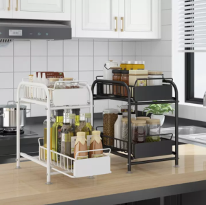 [Time-limited free shipping ]Under Sink Rack 2-Tier Kitchen Cabinet Organizer Rack with Sliding Storage Drawer Desktop Organizer for Kitchen Bathroom Office Shelf Stackable Black/ White