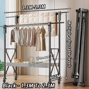 sg READY STOCK - Foldable Clothes Drying Rack 1.3–2.3m Extendable Stainless & Carbon Steel Laundry Airer with Rolling Wheels Indoor Outdoor Foldable Garment Drying Stand