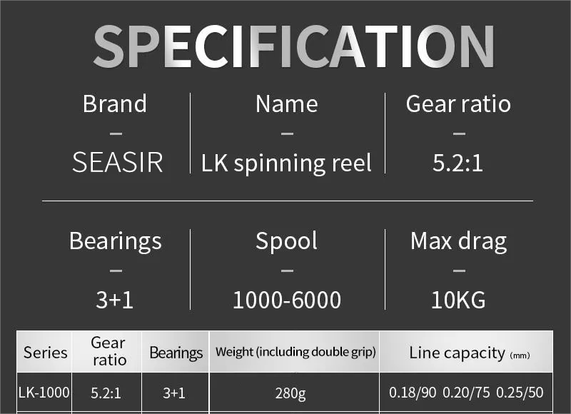 SEASIR LK 1000 Double Handle Grip Rocker Spinning Fishing Reel Max