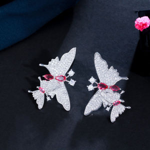 SEQUITO Vivid Dancing Butterfly Design Full Micro Pave Bling Cubic Zircon Silver Gold Plated Fashion Stud Earrings for Women Jewellery Gift SE556
