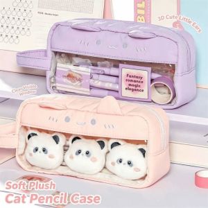 RJQFNG Cat Ear Cat Ear Pencil Case Polka Dot Clear Window Stationery Storage Bag Large Capacity Pen Storage Pouch School Supplies