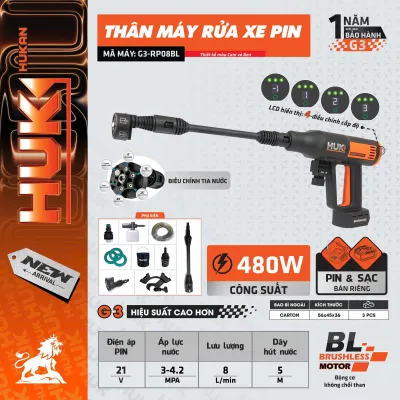 THÂN MÁY RỬA XE PIN (GEN 3)G3-RP08BL| Màn LED hiển thị 4 cấp độ | Động cơ không chổi than