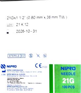 NIPRO MEDICAL NEEDLE 21G x 1 1/2 INCH 38MM 100s EXPIRY 2029