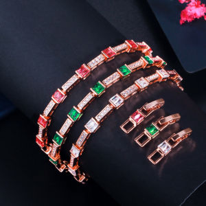 SEQUITO Sparkling Rose Gold Plated Banquet Party Women Jewelry Paved Emerald Green Red White Square AAA CZ Bracelet Bangle for Female Gift B104