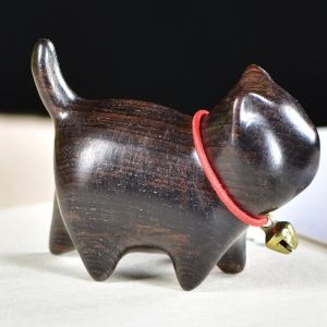 SIRENXI Làm thủ công Tượng mèo bằng gỗ Có Bell Chạm khắc gỗ Đồ trang trí hình mèo Đáng yêu Kết cấu tự nhiên Đồ trang trí mèo may mắn Trang trí nhà cửa