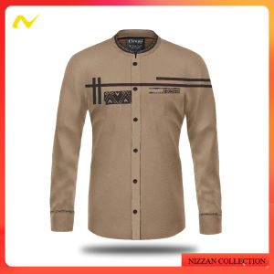 Baju Koko Pria Elrumi Lengan Panjang Kombinasi Batik Motif Zolied Warna Coklat