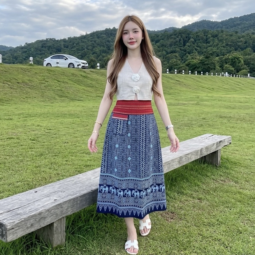 LANNA กระโปรงผ้าไทยทรงเอ ผ้าฝ้ายพิมพ์ลาย ใส่สบาย พรางพุง สวยทุกวัน มุมมองที่ 4