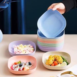 10 PCS Plastic Fruit Plate Wheat Straw Square Spit Bone Plate Desktop Square Trash Tray Dessert Plate Trash Dish Snack Dish