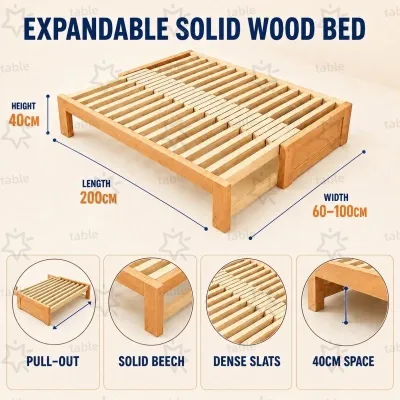 TABLETROVE Expandable Solid Wood Bed Frame Pull Out Adjustable Size Wooden Platform Bed 800KG Load