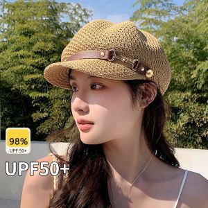 MYCOLOR Korean Style Hollow Weave Beret Newsboy Cap PU Octagonal Hat Elegant Sunscreen Cap Painter Hat Ladies