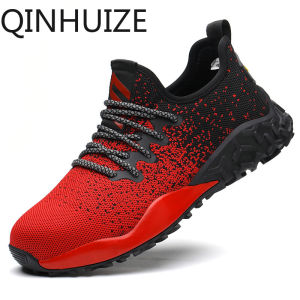 QINHUIZE New work safety shoes mens steel toe cap safety shoes breathable fly woven mesh work shoes protective safety boots