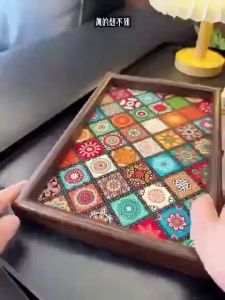 Mishilei Durable Bohemian Wooden Tray Handmade Square Snack Tray Key Storage Box for Desktop Foyer Decoration Home Storage