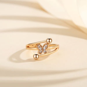 Y533【COD】Perhiasan Wanita Cincin Titanium Adjustable Elegan Kupu Kristal Berlapis Emas Korea