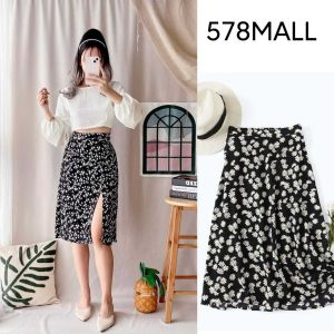 578MALL Summer Floral Beach Skirt Casual Floral Print Soft Split Women Midi Skirt With Slit