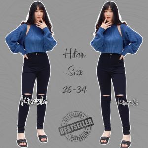 Celana Jeans Wanita Sobek Lutut Pinggan Tinggi Celana Pensil Cewek Haigwaist Bahan Sofe Jeans