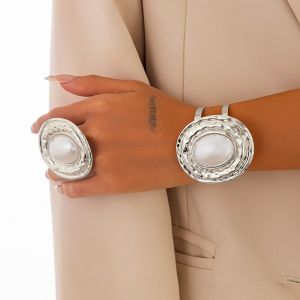 BLESSFUL 2pcs/set Exaggerated Bracelets Rings Set Irregular Geometric Wide Bracelets Big Oval Jewelry Sets Party Jewelry