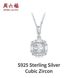 ZHOU LIU FU 周六福 S925 Sterling Silver Necklace White Cubic Zircons Classic Square Pendant Necklace for Women Girl 40+5CM J0614406
