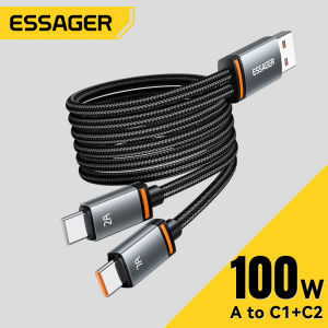 Essager 2-in-1 7A 100W USB A to Type C+Lightning Cable Car Long Wires For iPhone16 15 14-6 Series HuaweiMate70 Samsung Xiaomi15 Realme Mobile Phone Tablet Laptop USBA to Type-C+Type-C Fast Charge Cables A-C+C A-C+L Car Fast Charging Long Data Wire Cord