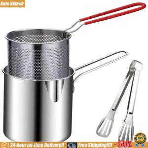 [Auto Vktech] Tempura Fryer Pan with Strainer & Food Tongs Stainless Steel Tempura Small Deep Frying Pan Portable Cooking Pot for Kitchen Fried Chicken