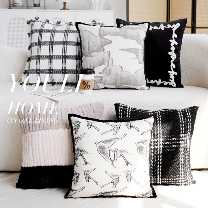 30X50/45X45cm Grey Black Plaid Plush Throw Pillow Cover Retro
