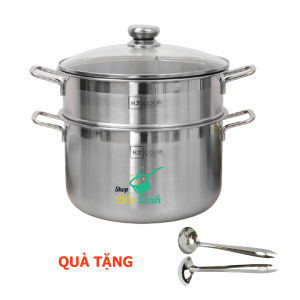 Bộ nồi xửng hấp HT Cook inox 430   1 đáy  nắp kính  tương thích mọi bếp như bếp từ  hồng ngoại tặng 1 muỗng canh ( 28cm / 30cm)