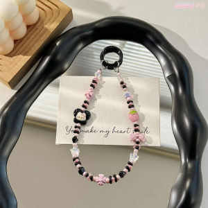 Cartoon alloy phone chain acrylic black powder sweet cool colored peanut beads KT cat bag hanging decoration keychain pendant