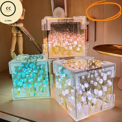 Đèn ngủ hoa tulip hình lập phương acrylic LED ánh sáng mềm mại thân thiện môi trường trang trí phòng ngủ không chói mắt