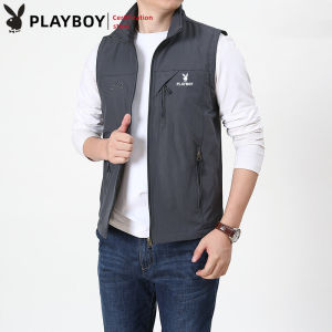 PLAYBOY Mens Vest Spring Autumn Outdoor Leisure Fashion Multi Pocket Standing Neck Waterproof Vest Sports Tank Top