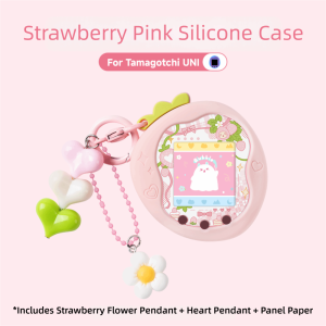 GUNG Silicone Protective Cover Red Pink Strawberry with Panel Paper Pendant Decorative Cover Machine Not Included Knob Cover Protective Case for Tamagotchi Paradise Uni Electronic Pets Game Toys