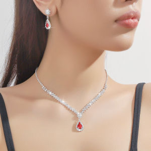 Blue Crystal Necklace Earrings Set for Women Silver Bridal Wedding Party Diamond Jewelry Set