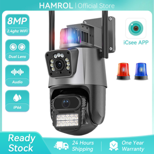 Hamrol 8MP 4K WiFi Camera Dual Lens PTZ IP Camera Outdoor Two Way Audio CCTV Security Camera Color Night Vision Surveillance Camera ICsee APP