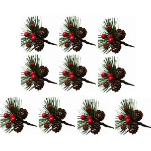 10PCS Artificial Christmas Red Berry Branch Snowflake Pine Needle Pine Cone Branches For Xmas DIY Wreath Supplies