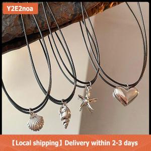 【Local shipping】 Retro Black Rope Heart Shell Pendant Necklace For Women Starfish Clavicle Chain Necklace Trendy Accessories Gift