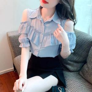 CARINE Womens Textile Shirt 2023 Summer Dress Fashion Temperament Off-the-shoulder Fungus Edge Short Sleeve Shirt Western Style
