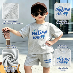 AILEBE Kids Sets Terno Bear Letter Print Short Sleeve Top Shorts Set Soft Breathable Stretchy Sorona Fabric Summer Wear Casual Loose Fit Trendy Outfit Pambahay OOTD For Baby Boys Girls 0-5 Years