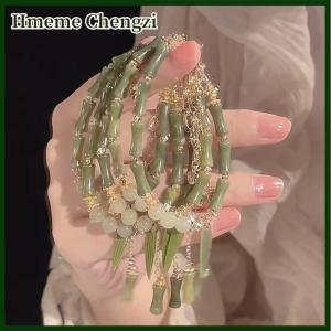 Hmeme Chinese Style Retro Green Bamboo Joint Beaded Bracelet For Womens Fashion Simple Charm Alloy Leaf Bracelet Jewelry Gift