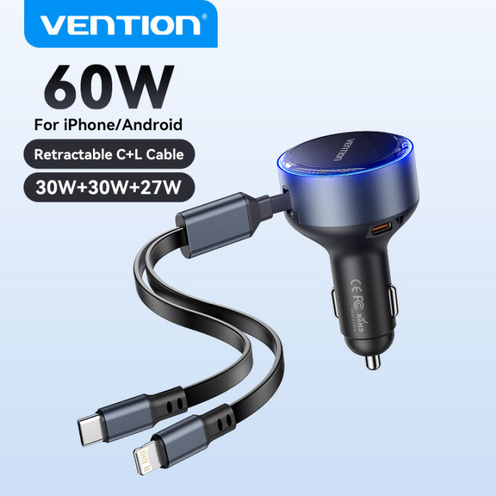 Vention Car Charger 60W Fast Charging Built in Type C Lightning Cable  Port for SAMSUNG S24 Ultra S23 S22 iPhone 16 15 14 13 Pro Max Huawei Xiaomi 