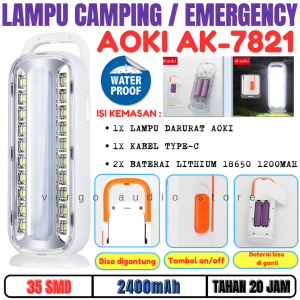 Lampu Led Murah Super Terang Tahan 20 Jam Portable Aoki Ak-7821 | Lampu Emergency Led Aoki Ak-7821 - Baterai 2400mah | Lampu Emergency | Lampu Rechargeable | Lampu Outdoor | Lampu Darurat | Lampu Rumah - Vas