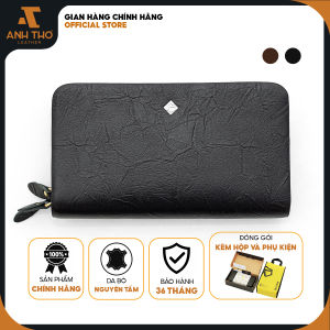 Ví cầm tay KURO 2 dây kéo chất da bò vân sần hạn chế trầy xước tone màu đen nâu sang trọng kèm hộp Anh Tho Leather