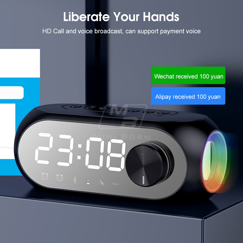 Mini Born Mirror Bluetooth Speaker Alarm Clock Bluetooth Speaker Digital Display Radio LED Wireless Subwoofer Music Player Table Clock Multifunction _voghion.com